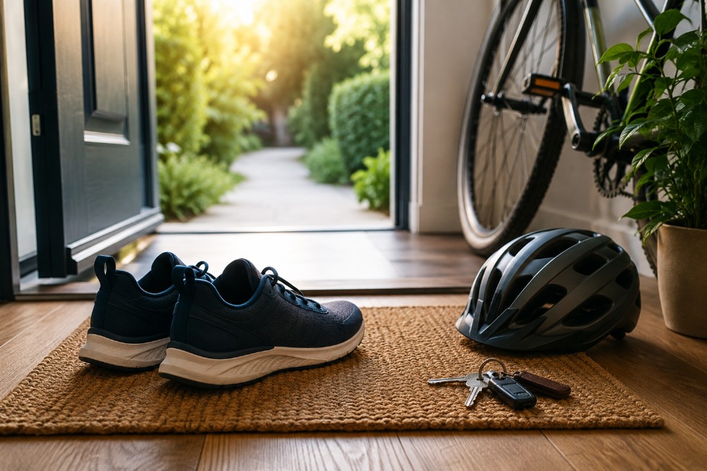 Sportschuhe, Schlüssel und Fahrradhelm an der offenen Haustür – bereit für Bewegung im Alltag