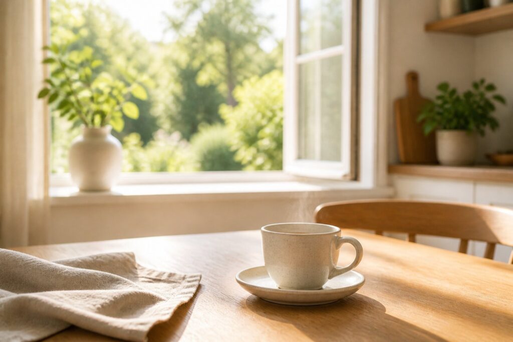 Tasse Kaffee im Morgenlicht am offenen Fenster – ein Moment für sich selbst